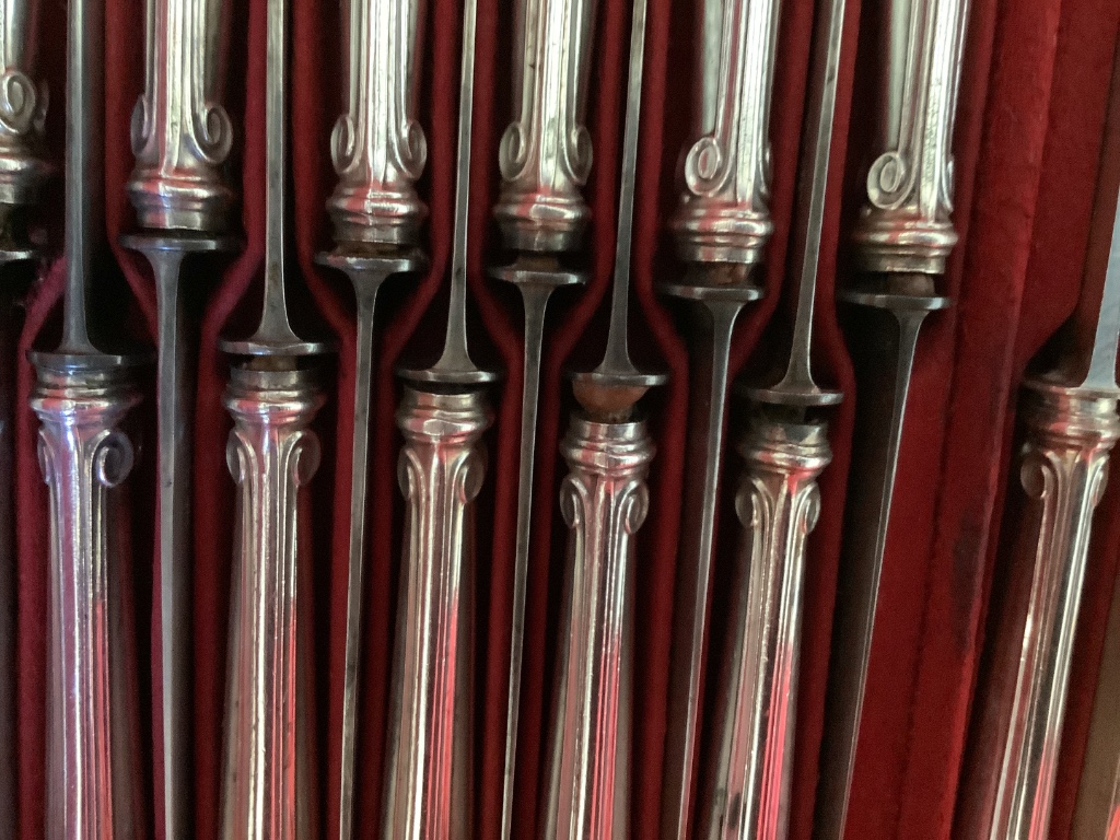 A late 19th century French canteen of silver 950 standard cutlery, in a brass mounted oak canteen, by Prevost Recipon & Cie (Maison Odiot)